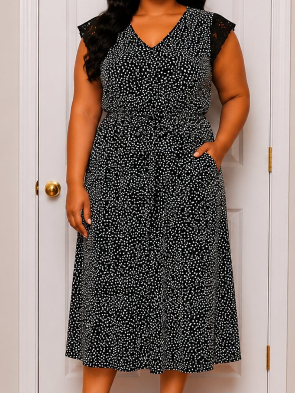 Lane Bryant Black White Polka Dot Cap Sleeve Maxi Dress 18-20